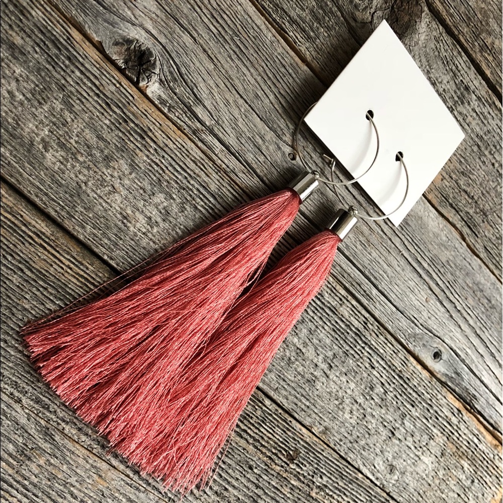 NWT Boutique Tassel Hoop Earrings in Coral